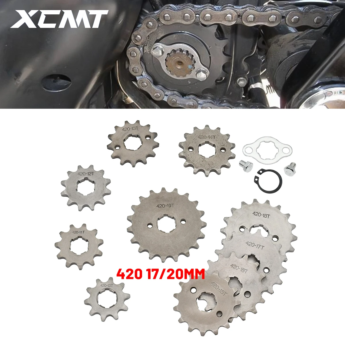 

Front Engine 420# 10T 11T 12T 13T 14T 15T 16T 17T 18T 19T Teeth 17mm 20mm Chain Sprocket With Retainer Plate Locker