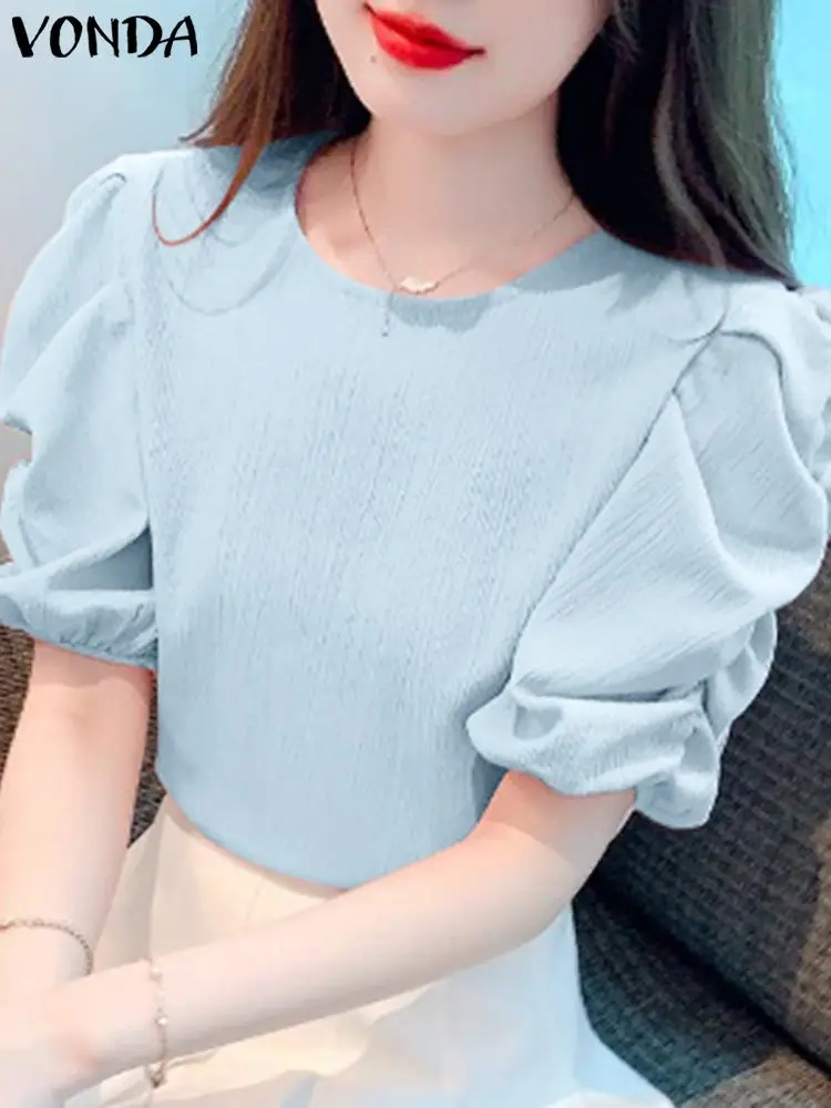 

VONDA Short Puff Sleeve Tunic Blouse 2024 Fashion Women Vintage Shirts Elegant O Neck Solid Color Summer Top Casual Loose Blusas