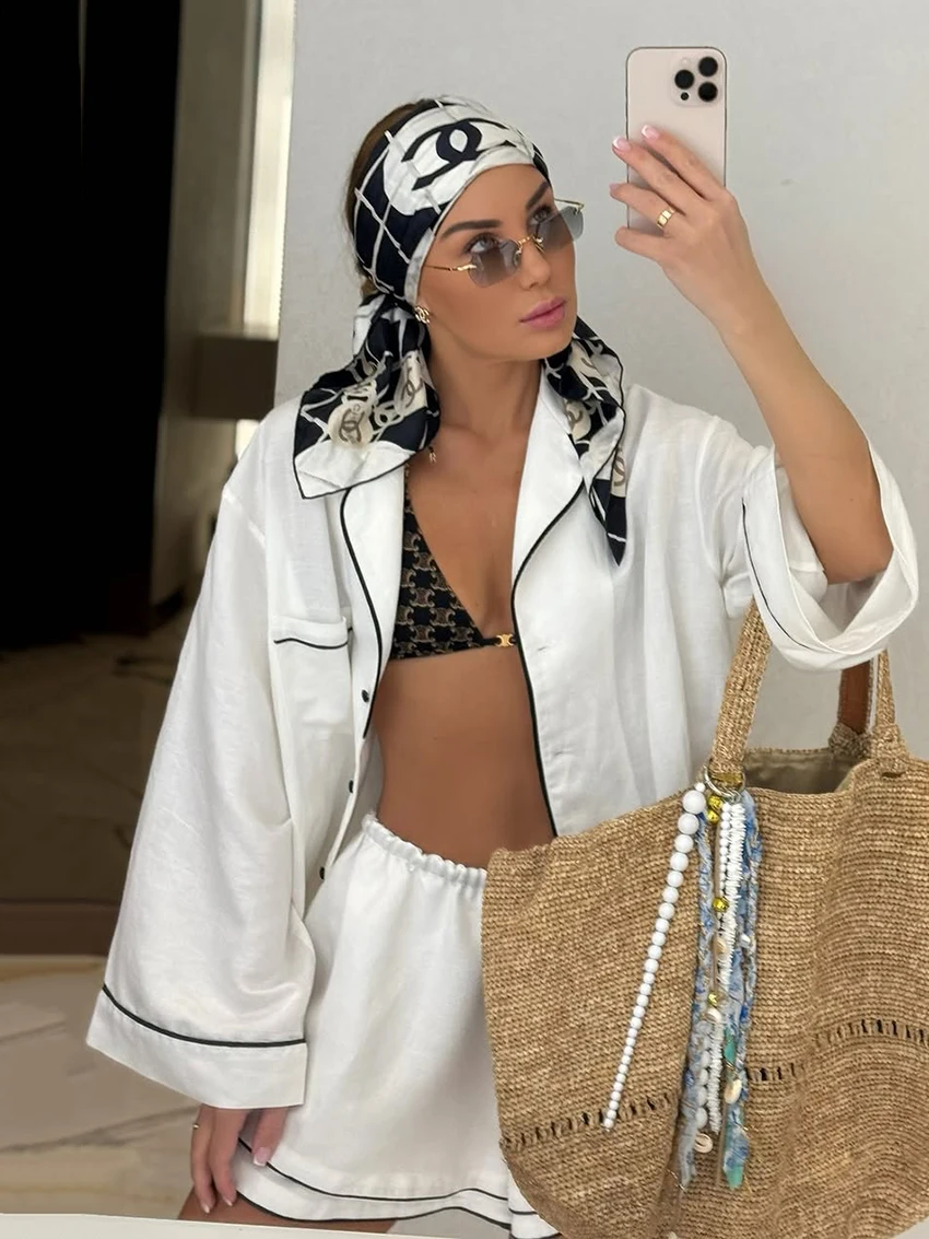 Marthaiqqi New 2025 Women Nightgowns Suit Sexy Turn-Down Collar Sleepwear Long Sleeve Nightwear Shorts Casual Ladies Nightie Set