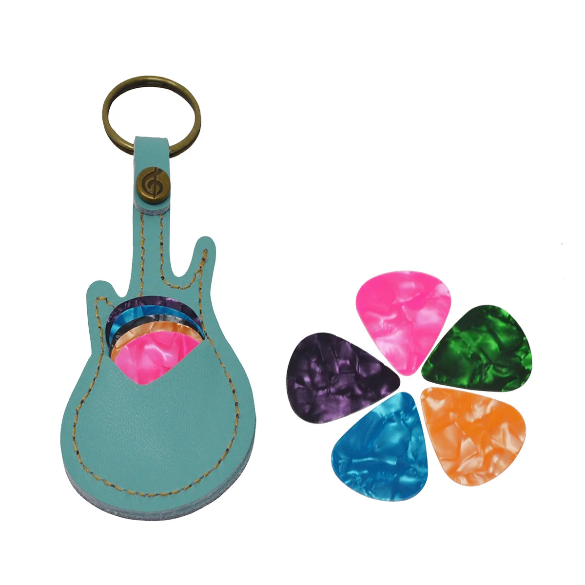 Leather Guitar Picks Bag Set Include 5pcs Picks&1 Bag/set with Pure Copper Buckle, Green/Orange Leather Bag Guitar Picks Set
