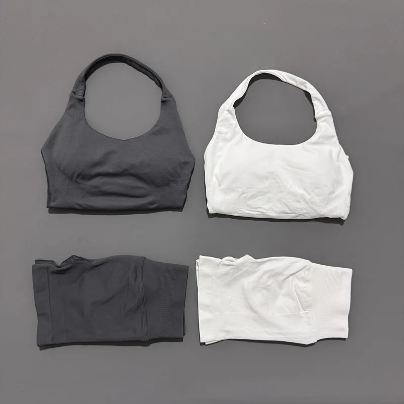 2 Peice Histello Sports Set Women Seamless Halter Top Longline Strappy Padded Scrunch Shorts Set Yoga Suit Gym Workout Sets image 6