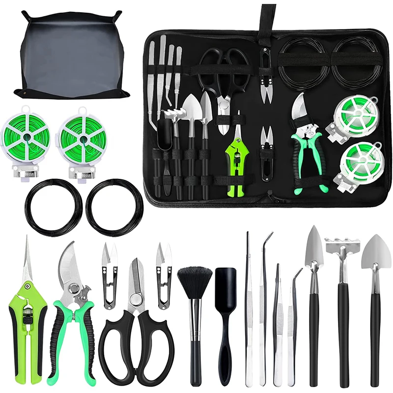 Kit de Bonsái, 20 Piezas, Juego de Herramientas para Suculentas, Herramienta para Bonsái, Tapete para Replantar Plantas, Tijeras de Podar para Bonsái, para Jardinería Interior