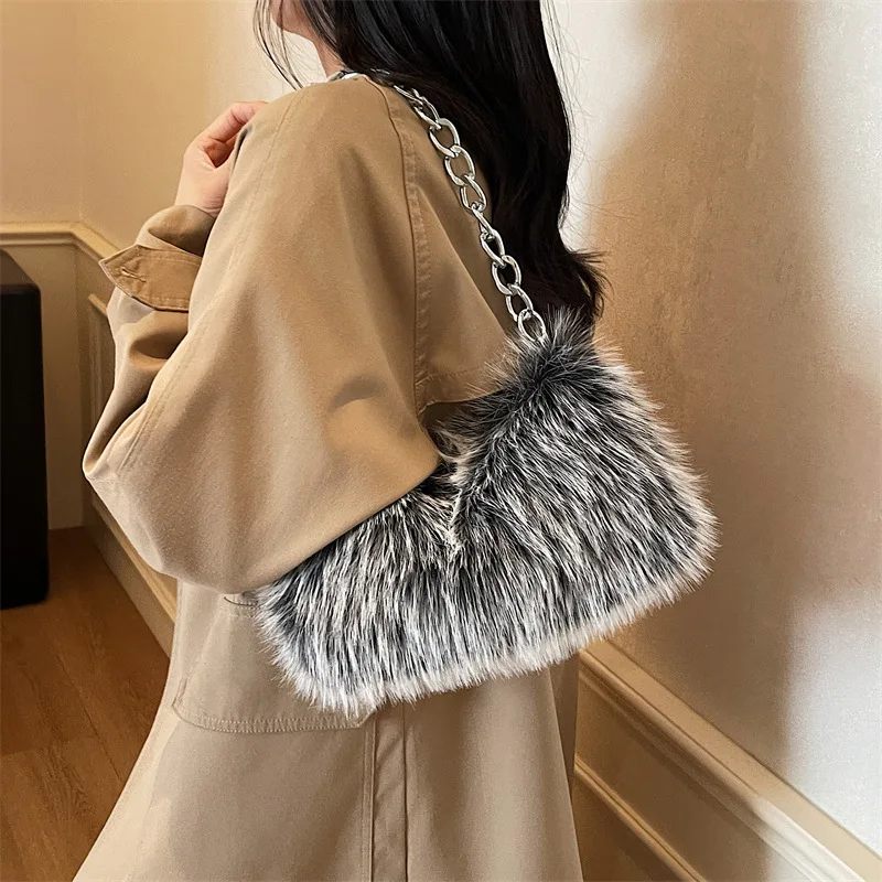 

New autumn and winter women's soft Plu fluffy plush armpit bag luxury artificial fur commuter flip chain handle loose shoulder b
