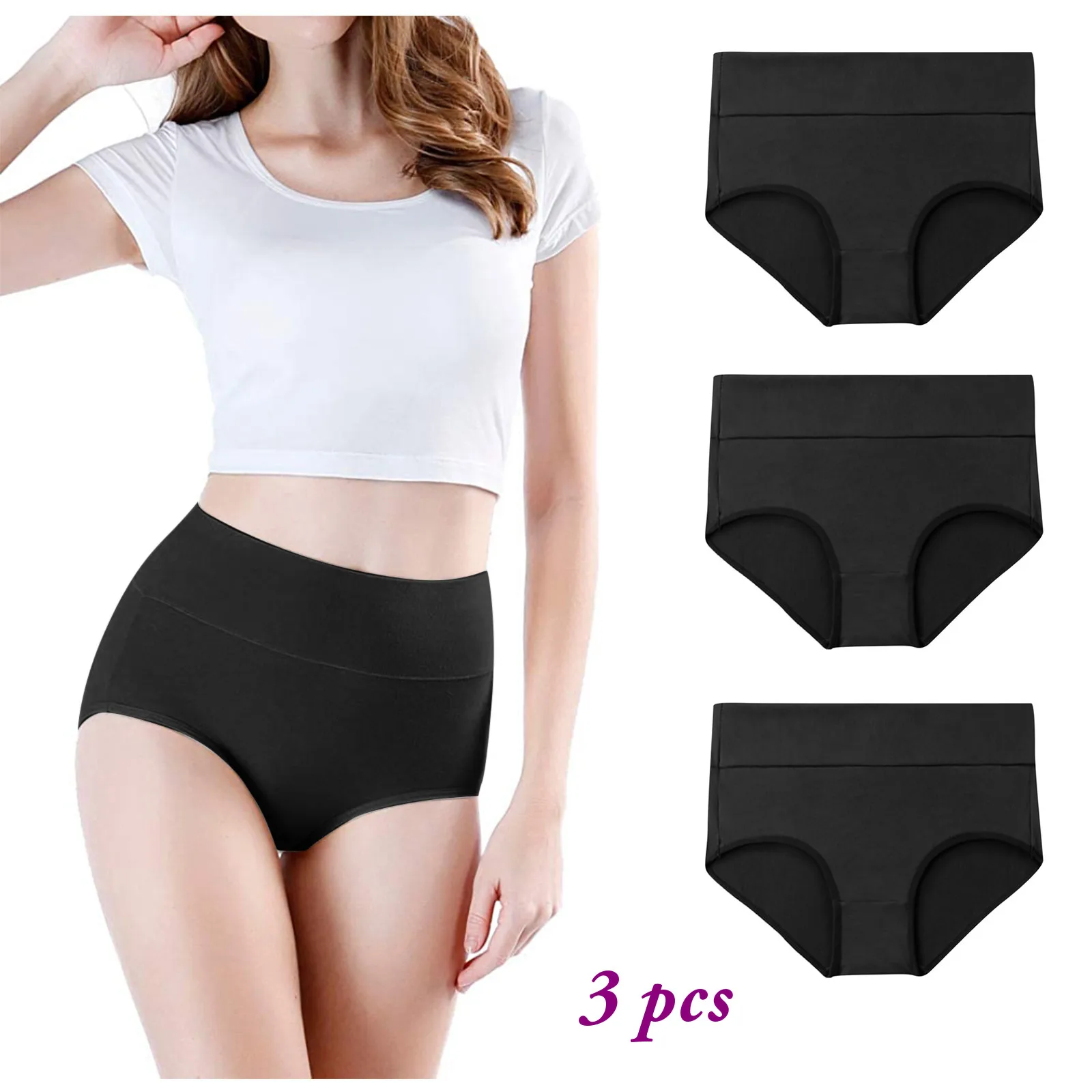 

3pcs Black Underpants For Woman High Waist Soft Boxer No Muffin Briefs Women'S Stretchy Formfitting Comfortable Knitted Lingerie