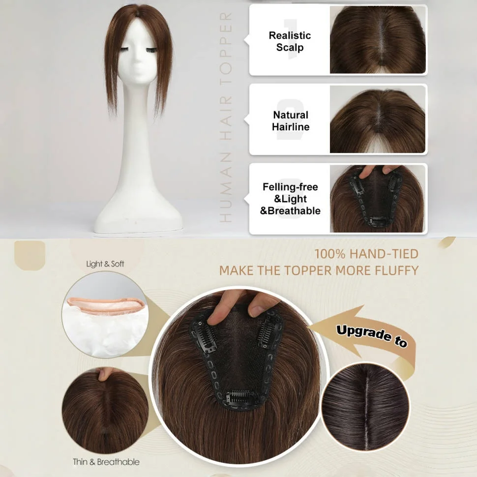 100% Remy Human Hair Lace Base Topper 12 Inch Straight Brown Middle Part Clip In Hair Pieces for Women Thinning Hair