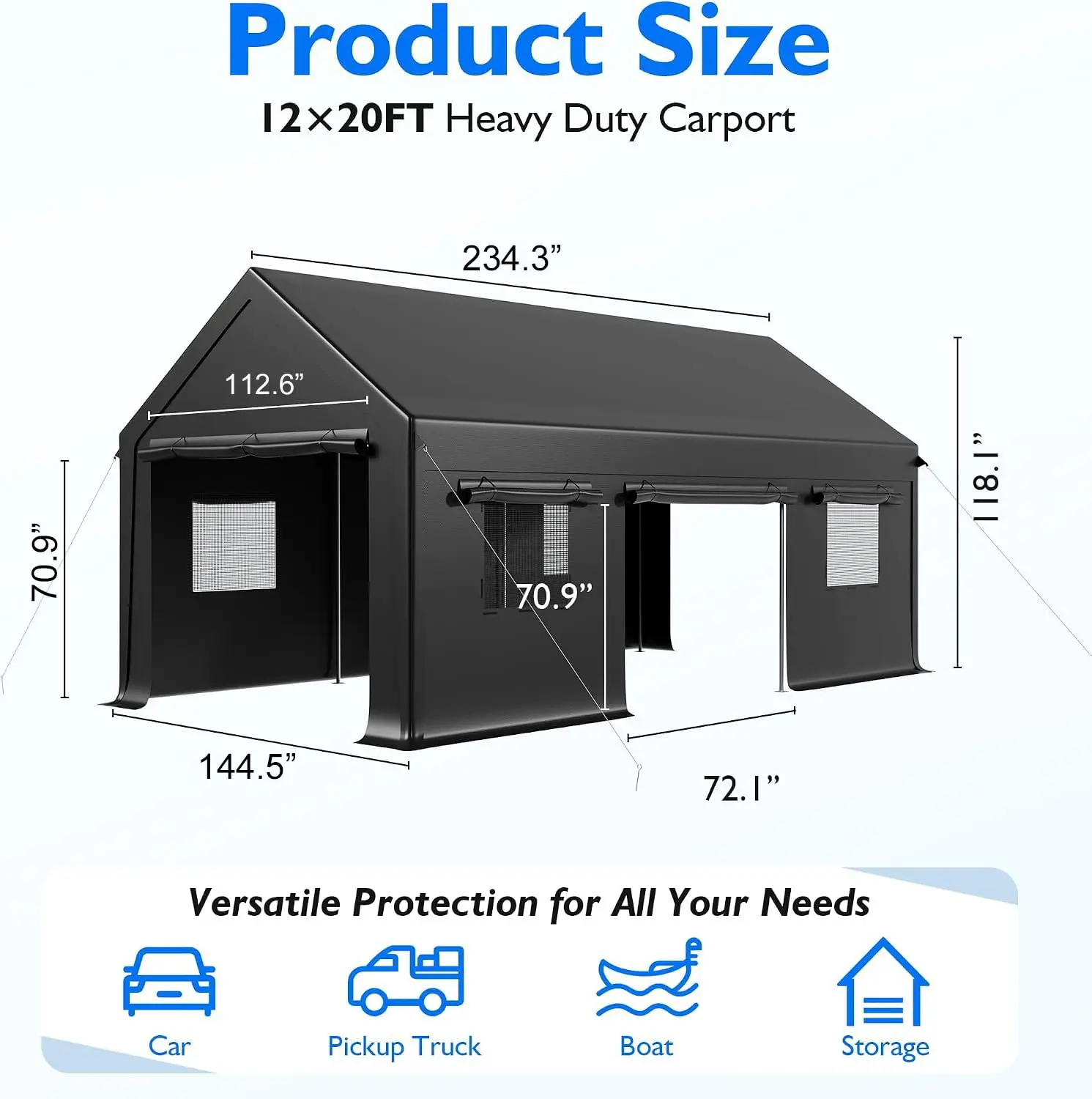 Portable Outdoor Garage Shelter with All-Season Sidewalls, Reinforced Base, Roll-Up Windows & Door for Truck, Boat, Black