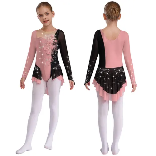 Imagen 2 del producto Vestido de patinaje artístico para niñas, falda de baile de Ballet, leotardo, tutú con diamantes de imitación, mono de gimnasia, traje de competición de malla de bloques de Color