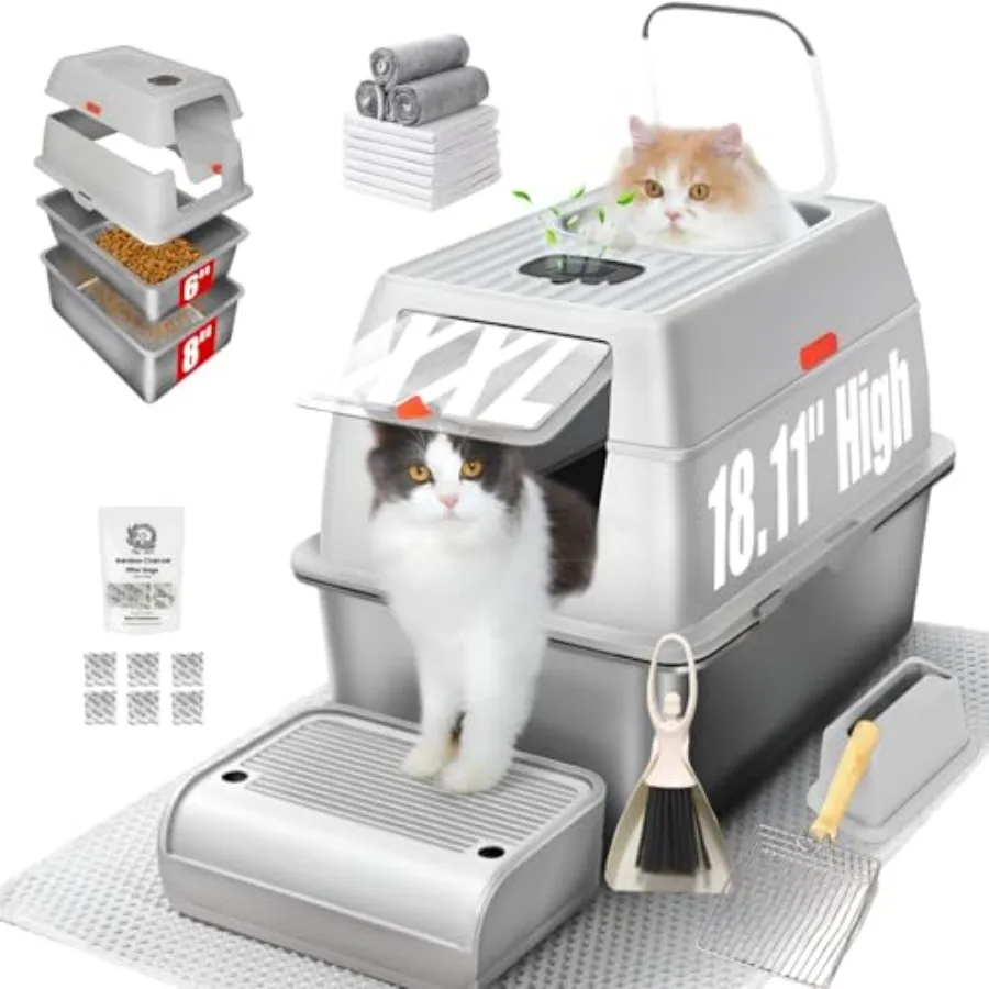 XXL Stainless Steel Sifting Litter Box with Lid, Fully Enclosed 8 Deep Metal Cat Litter Box, Leak-Proof, for Pine Pellets or No