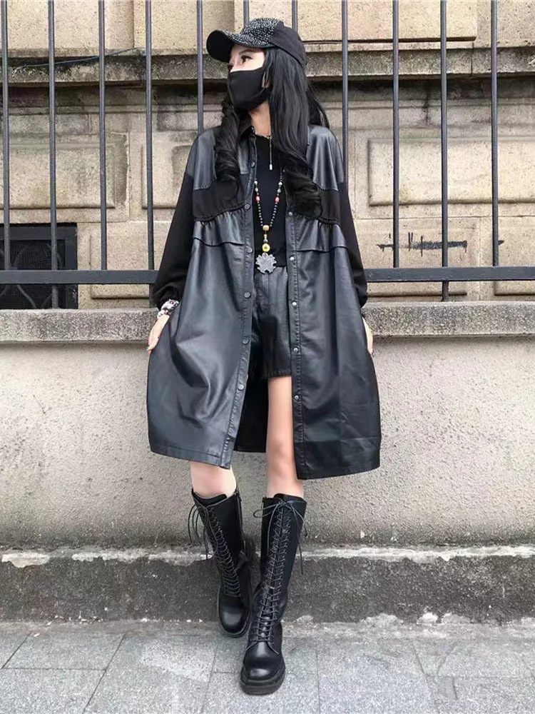 Max LuLu 2022 Fall Fashion Long Windbreakers Womens Loose Vintage Black Faux Leather Trench Coats Ladies Casual Punk Pu Jackets