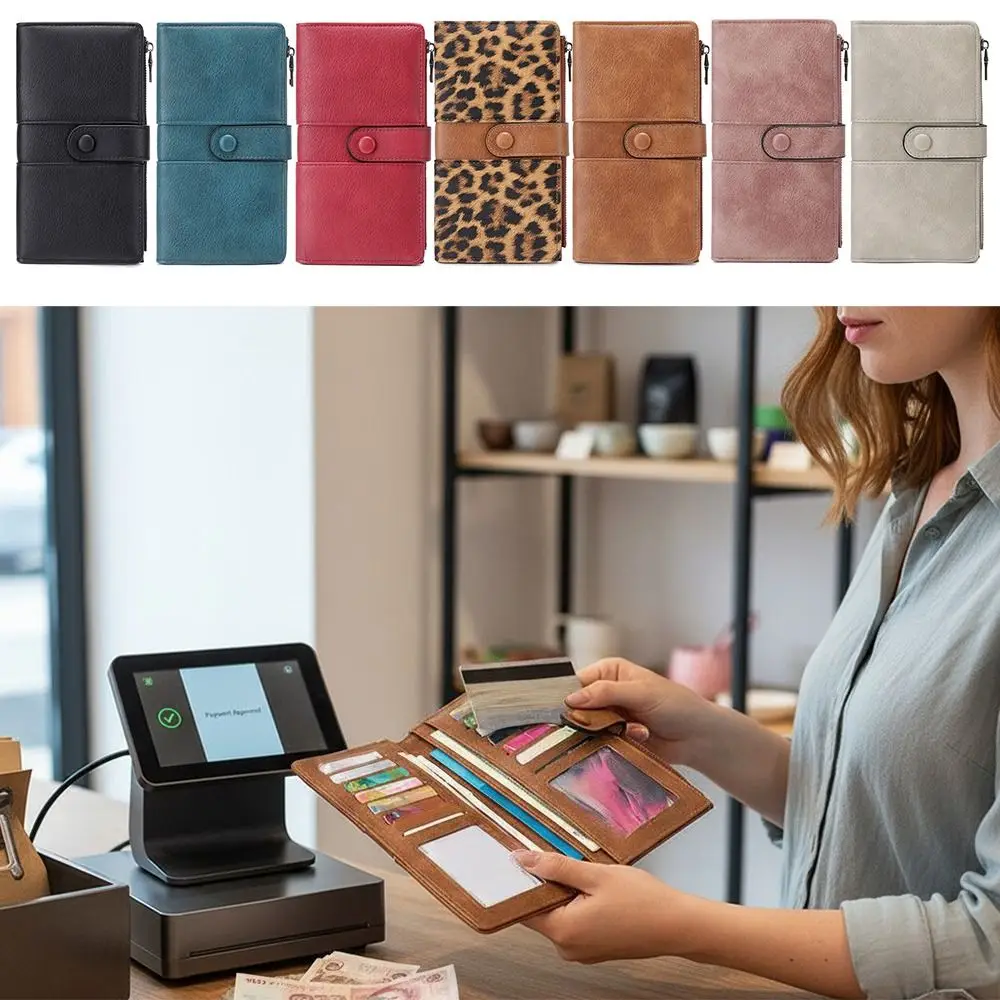 

PU Leather Women Long Wallet Multi Card Slot Leopard Print Double Fold Wallet Zipper Closure Long Style Zipper Purse Women