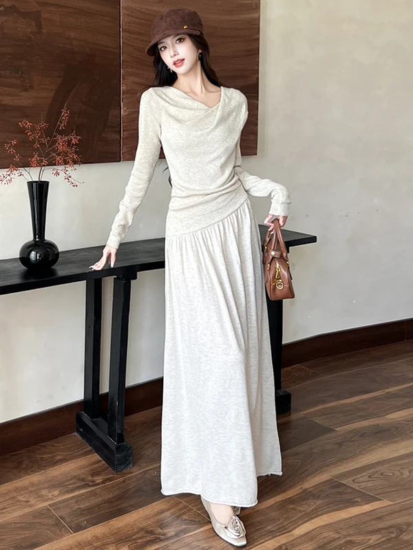 

Faionable V-Ne Knitted Top High Waist Maxi Skirt Two-Piece Set Autumn New Arrival Women's Casual Sle Mid-Length Sve