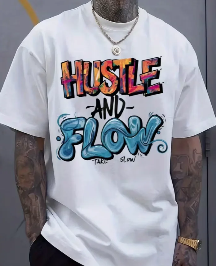 Men's Hustle and Flow Graffiti Print T-Shirt - Ultra Soft Wicking Crew Neck Tee with Casual Shirt Suitable for Graffiti Top