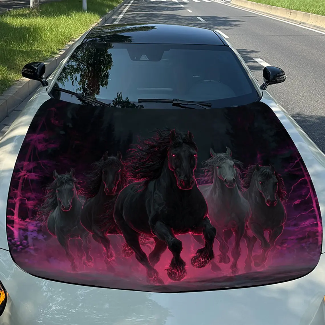 Purple - Hued Galloping Horses Print car hood stickers, waterproof self-adhesive, scratch resistant, easy to stick, durable car