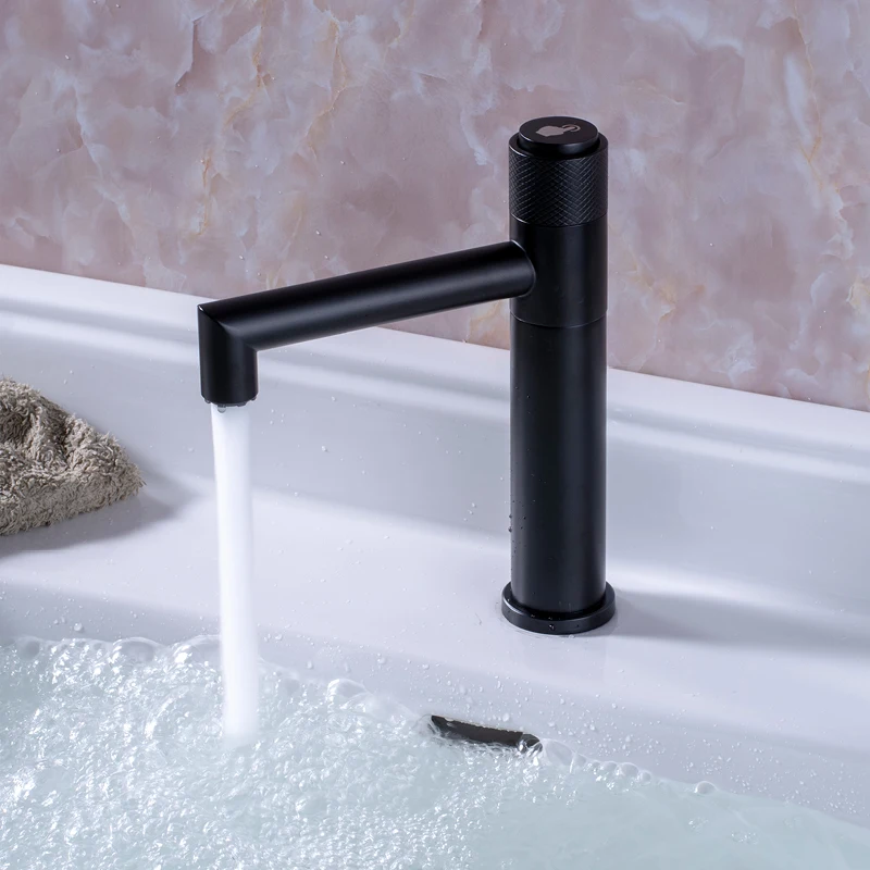 Grifo monomando para lavabo de baño frío, montaje en cubierta, tipo botón de un orificio, giratorio moderno 360 °   Grifo para lavabo de tocador negro