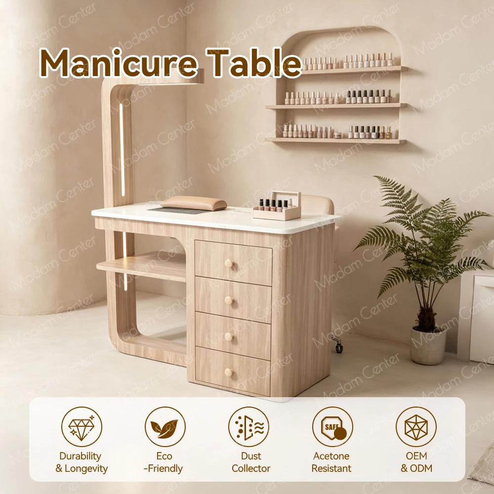 Madamcenter Marble Top Manicure Nail Desk Professional Workstation with Built-in Nail Dust Collector Light Stand for Nail Salon