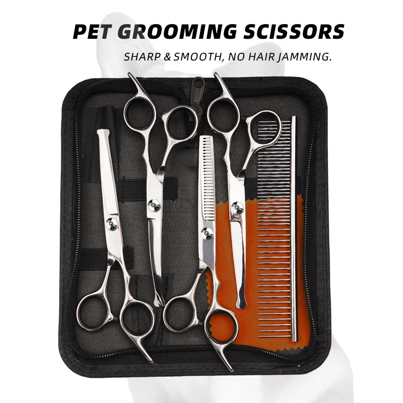 Stainless Steel Pet Grooming Scissors Set Straight Thinning Curved Shears Dog Cat Hair Trimming Tools Professional Pet Beauty