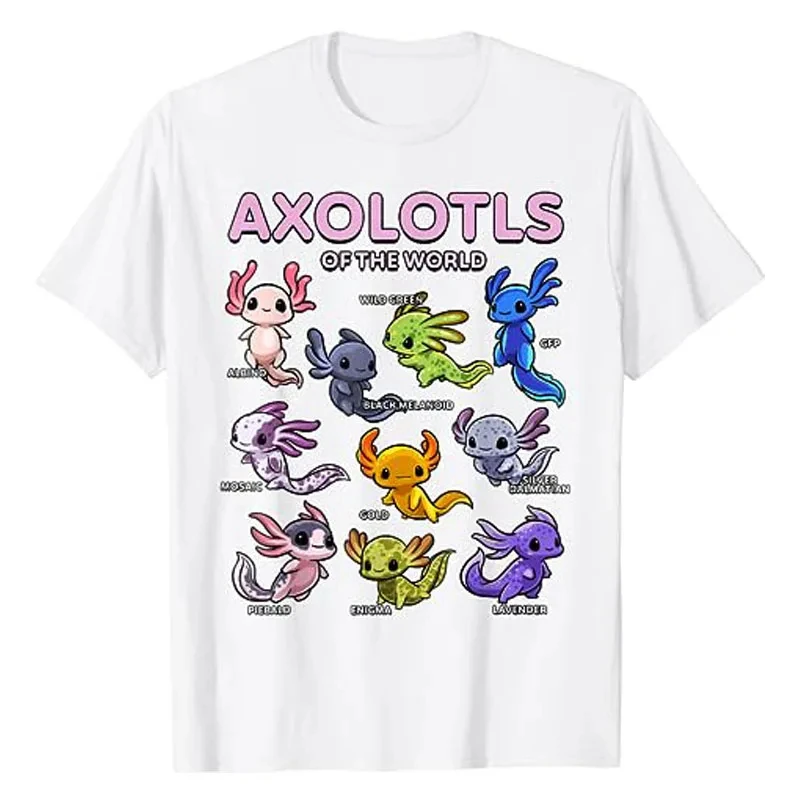 Kawaii Axolotls of The World Axolotl Animals T-Shirt Types of Mexican Walking Fish Kawaii Artwork Tee Cartoon Top 50962