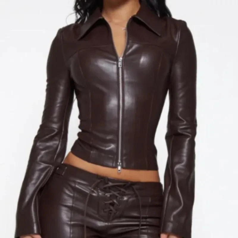 Women Faux Leather Jacket Pants Set Dark Brown Lace Up Cropped Coat Slim Trousers Autumn Streetwear Biker Outfit Female