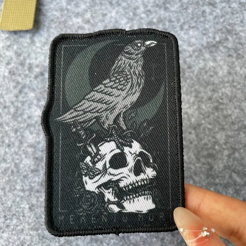 

MEMENTO MORI Crow Patch Skull Morale Badge Military Armband Printed Hook and Loop Patches Tactical Clothes Backpack Stickers