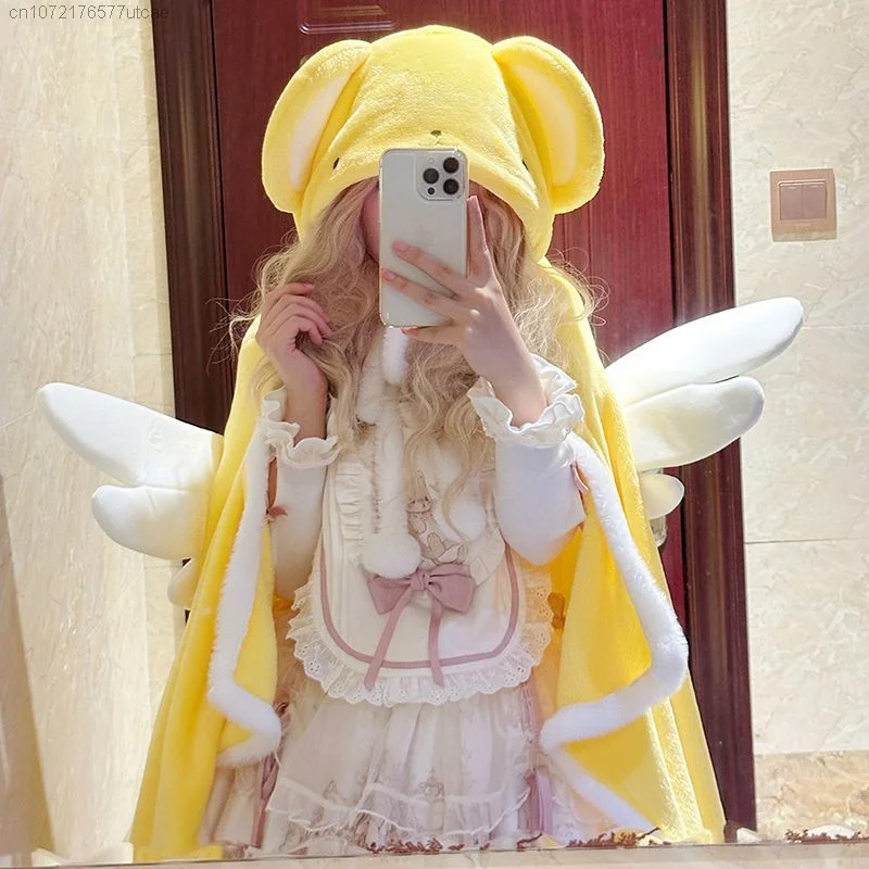 Magic Mori Girl Style Hooded Plush Air Conditioner Blanket Y2k Plush Hooded Capes with Wings Trend Anime Napping Blanket Cloak