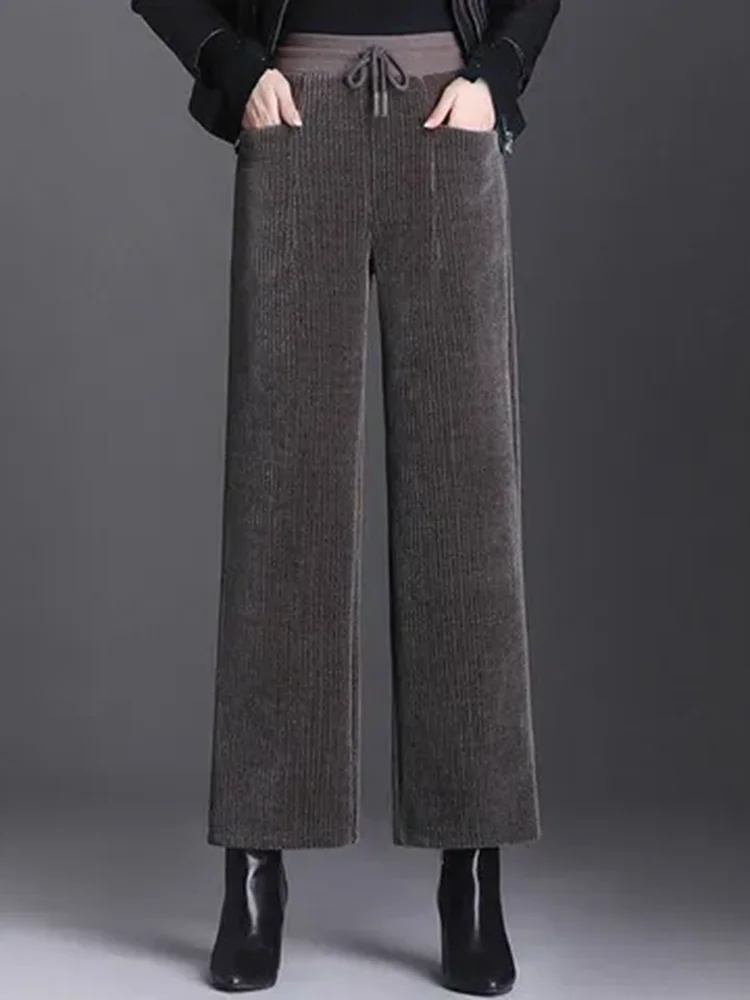 Snow Wear Loose Straight Pants Winter Warm Elastic High Waist Velvet Lined Wide Leg Pantalones Casual Thicken Ankle Length Calca