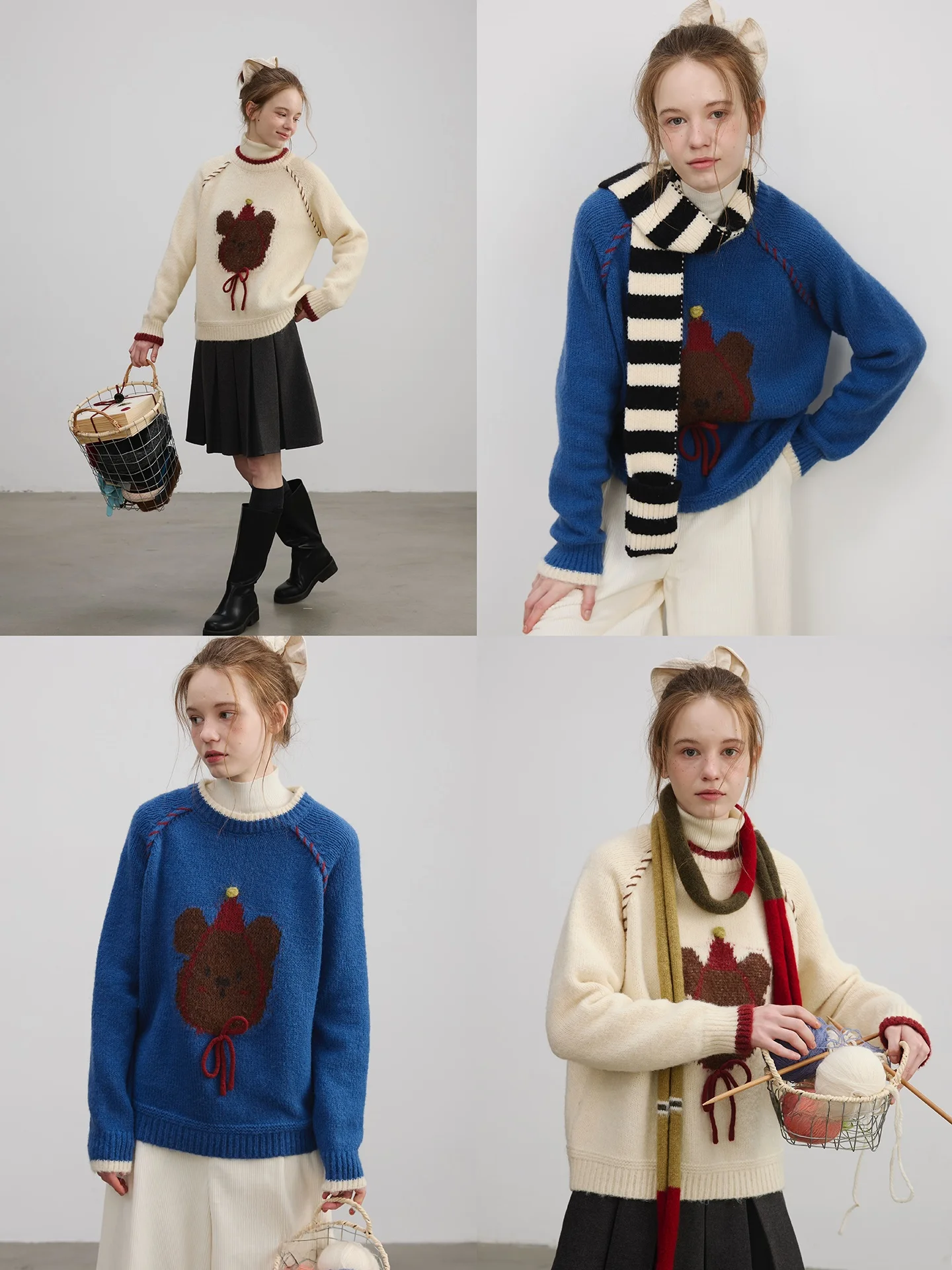 

Свитшот с вышивкой Sweet Bear, два цвета: синий и белый, новинка зимы, женский вязаный пуловер с длинными рукавами и круглым вырезом