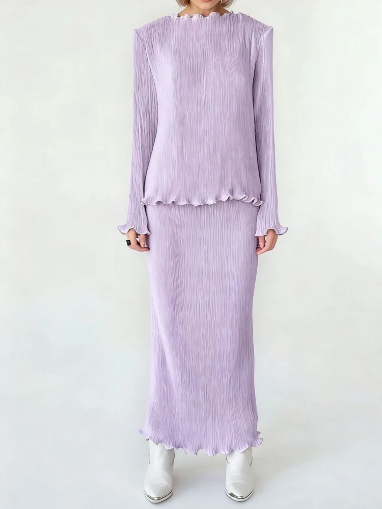 Conjunto de traje cómodo de color sólido con diseño arrugado, conjunto diario para el hogar, top y pantalones de manga larga con cuello redondo, conjunto de dos piezas