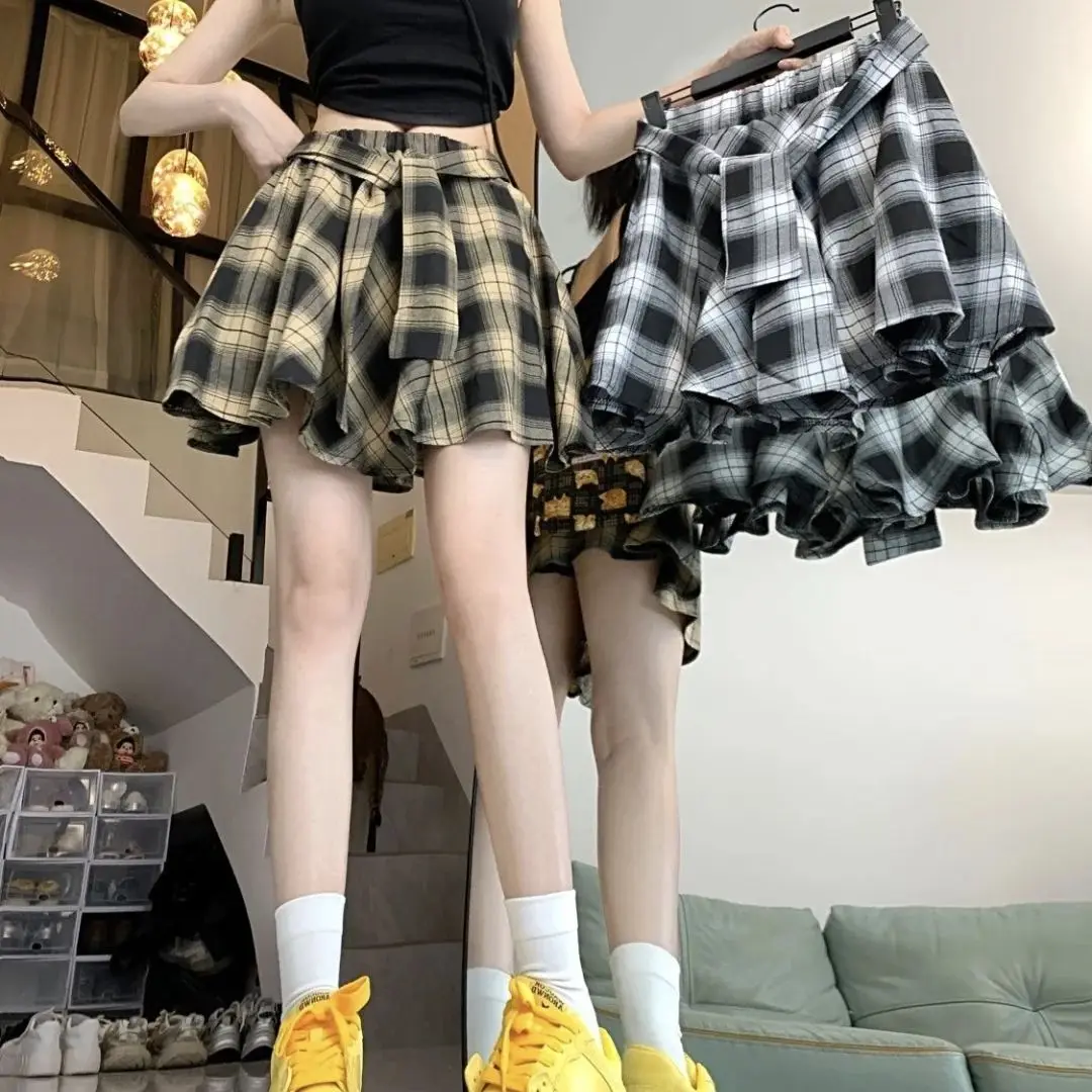 

Летняя ретро-юбка 2025 года в клетку, женская, с высокой талией, укороченная, с защитой от просвечивания, плиссированная, А-силуэт, асимметричная