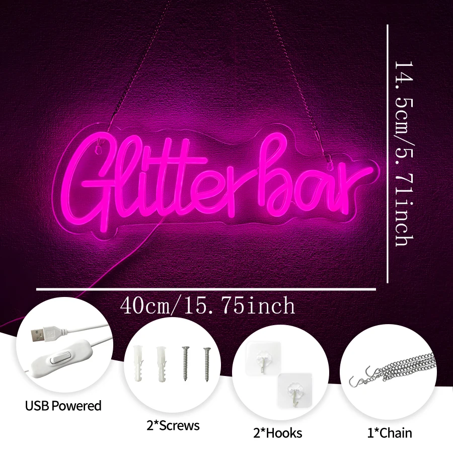 Glitter Bar Neon Sign for Wall Decor,LED Signs Neon Light Up Sign for Home Bar Man Cave Club Wedding Bedroom Birthday Party Gift