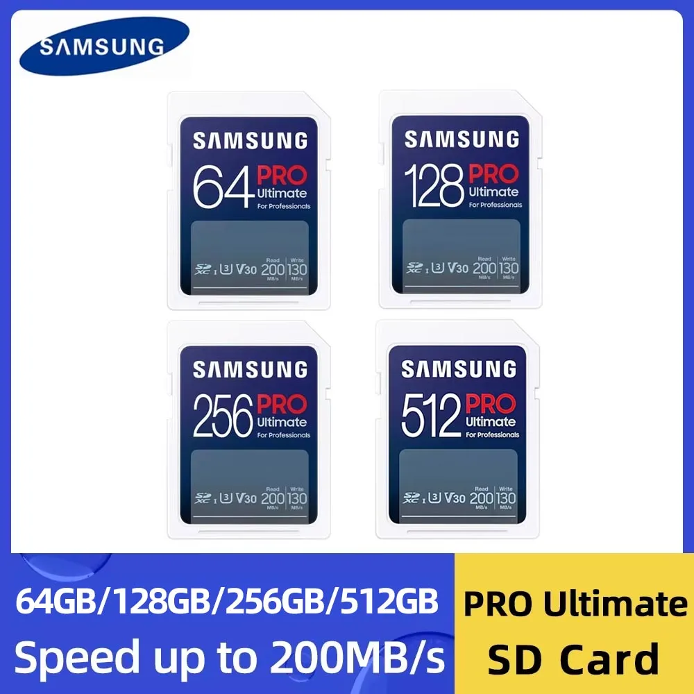 

SAMSUNG Pro Ultimate SD Card SDXC 64 ГБ V30 UHS-I Карта памяти 128 ГБ 256 ГБ Считывание 200 МБ/с SD-карта C10 для камеры 4K ноутбука