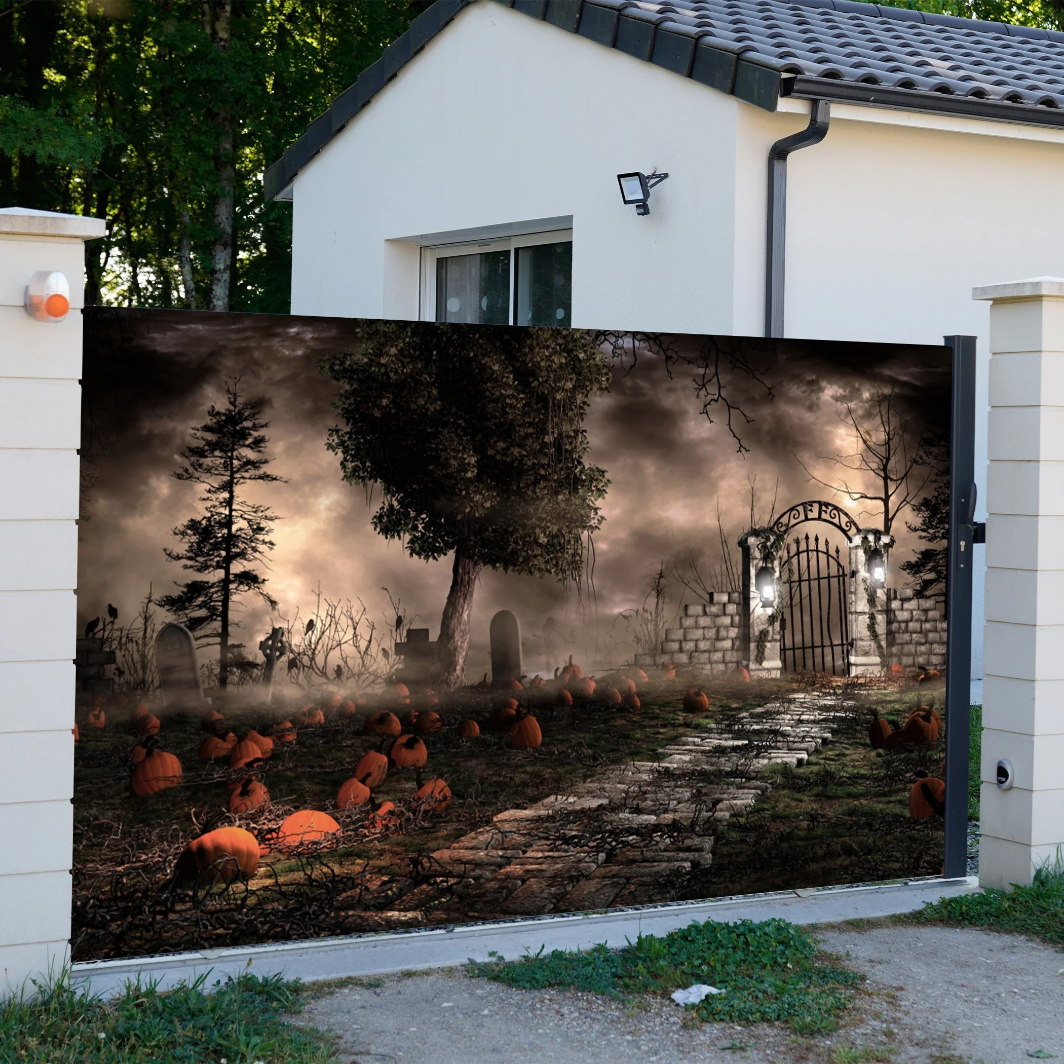 ديكور باب المرآب للهالوين - مقبرة Ghost Night وموضوع اليقطين - بوليستر، ديكور للاحتفال الخارجي #4