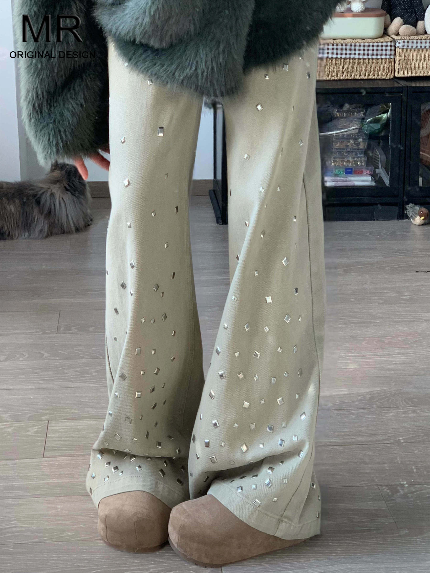 

Американские ретро-джинсы с широкими штанинами и стразами, женские, новинка 2026 года, летние, с высокой талией, свободные, прямого кроя, повседневные, из хлопка