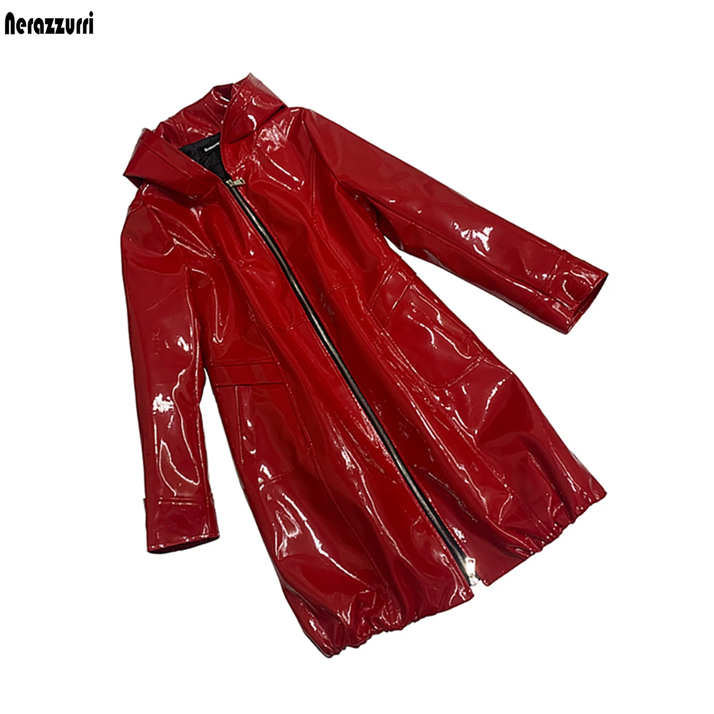 Nerazzurri Autumn Fitted Quilted Warm Hard Waterproof Shiny Reflective Pu Leather Jacket Women with Hood Y2K StreetwearClothes