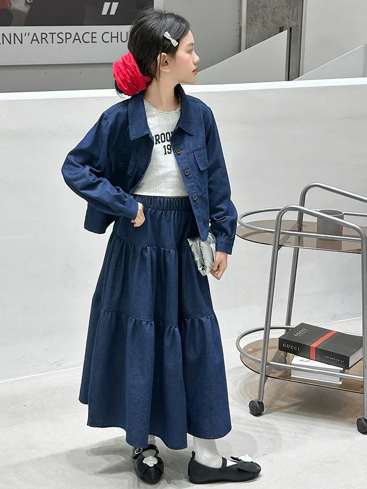 Teenager Girls Clothing Sets Spring Autumn Fashion Lapel Top and A-line Skirt Suit T Kids Clothes Casual Children Denim Outfits 4