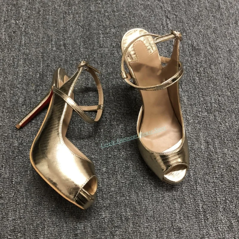 Lovely Gold Leather Woman Stiletto Heel Sandal Shoes Peep Toe Buckle Ankle Strap Female Thin High Heel Summer Sandal Shoes