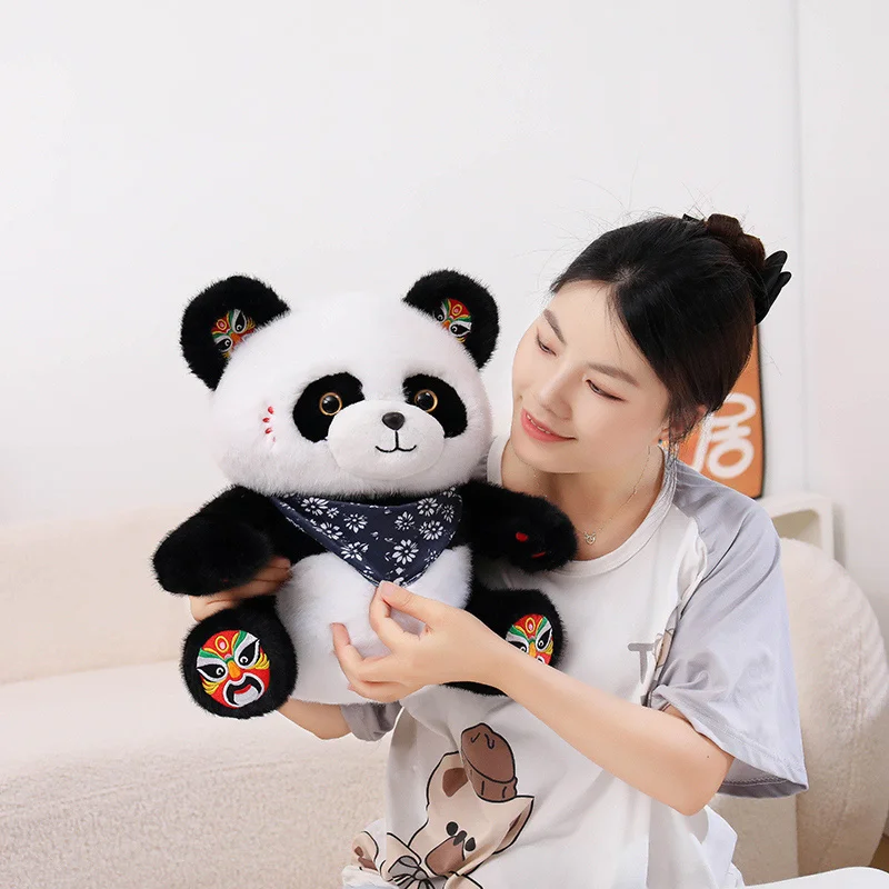 Panda Plush Toy Multi Size 25cm 35cm Chinese Opera Mask Stuffed Animal with Floral Bandana for Bedroom Holiday Gift