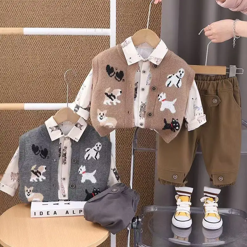 طفل الفتيان الملابس مجموعة الربيع والخريف جديد الأطفال سترة طويلة الأكمام قميص سترة القطن الخالص سراويل تقليدية 3 قطعة مجموعة