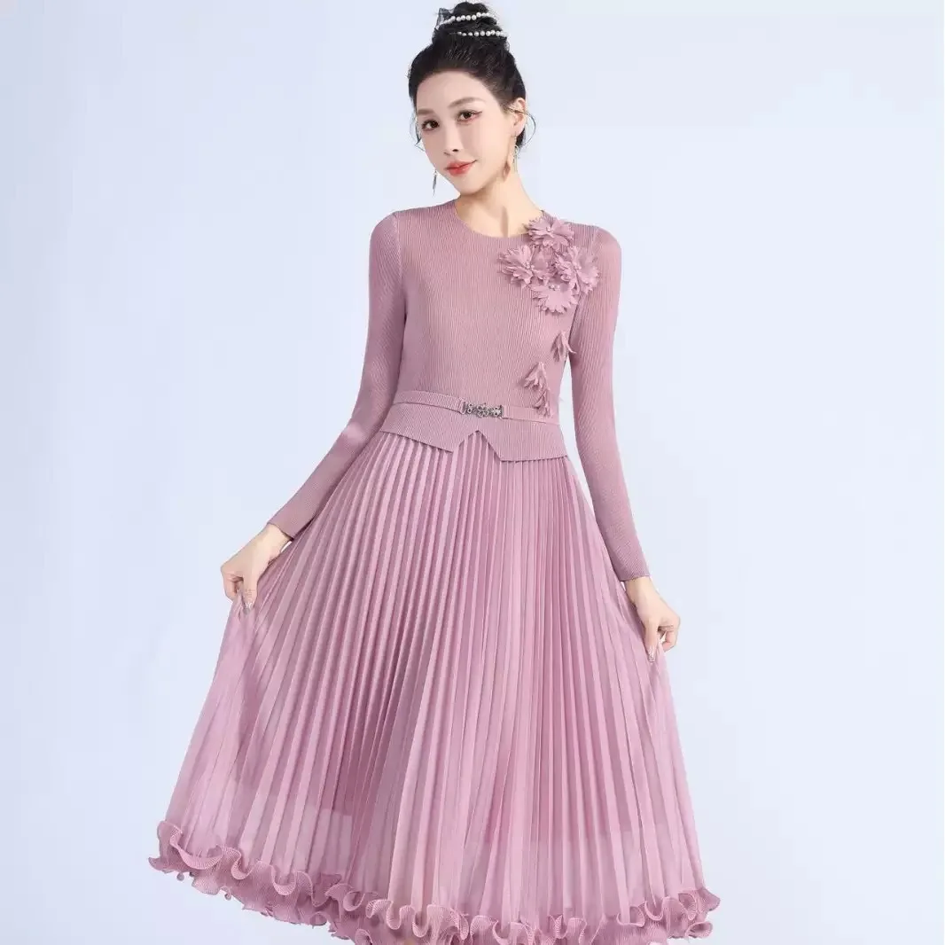 Miyake geplooide schimmelrand losse jurk driedimensionale bloemdecoratie slanke jurk dames