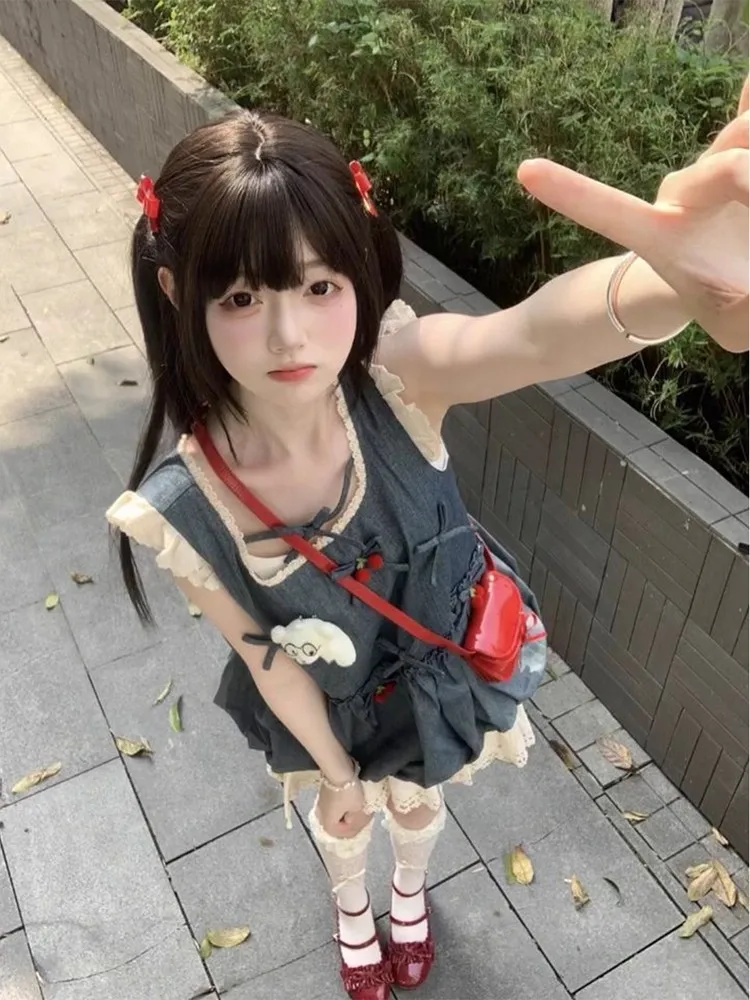 Red Cherry  Knot Denim Halter Vest Women Summer Bloom Lace Fluffy Skirt Two Piece Set Women's Fashion Summer Outfit view 4