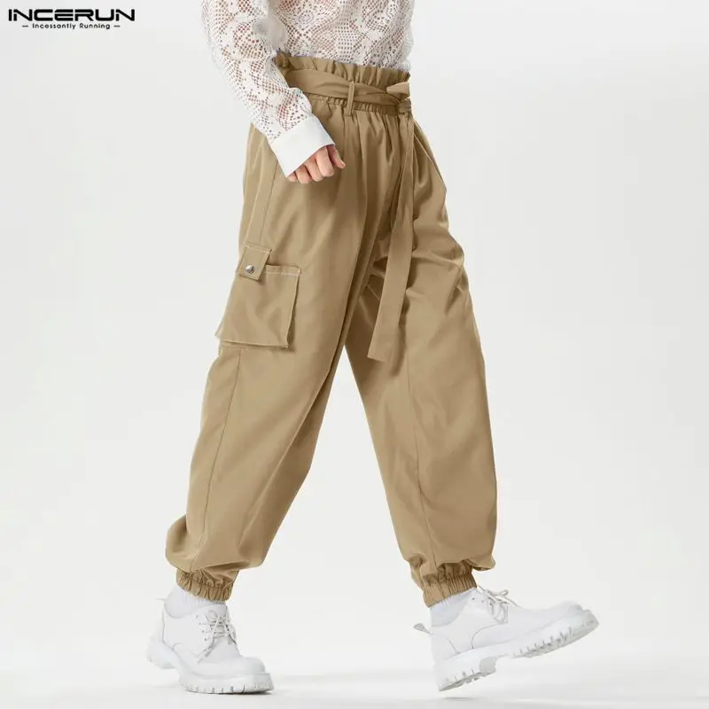 

INCERUN Men Pants Solid Color Lace Up Joggers Casual Cargo Pants Men Streetwear Loose Pockets Fashion Leisure Male Long Trousers