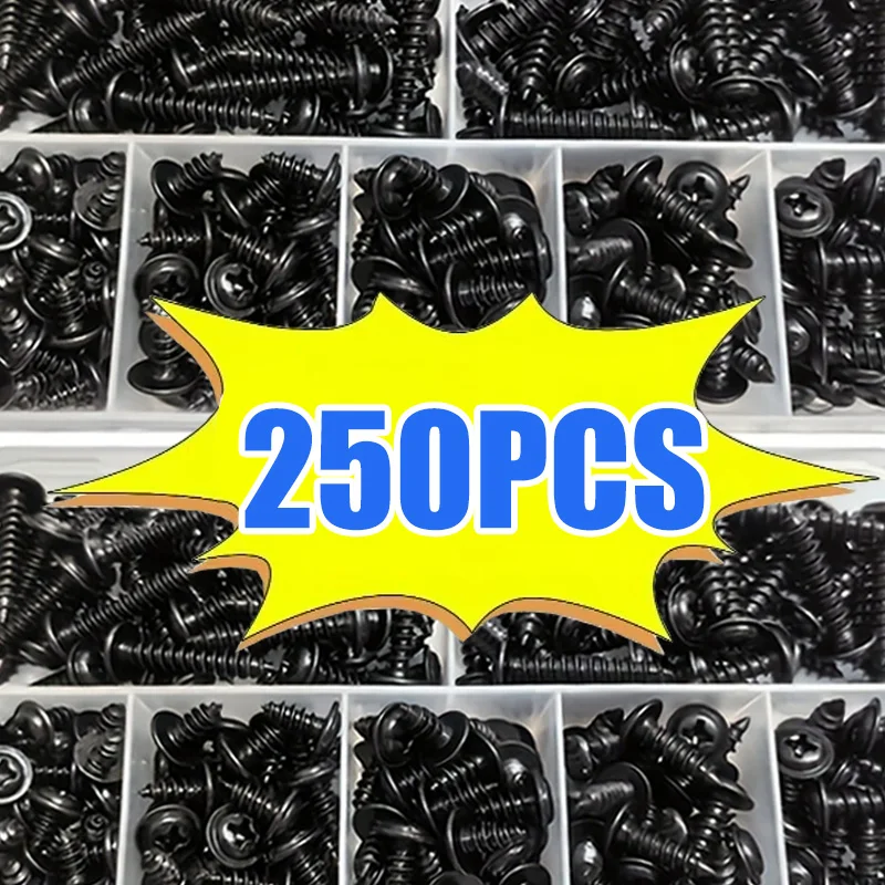 250pcs Self-Tapping Screw Set - M3/M3.5/M4 Sizes, Pan Head Phillips Drive, Black Carbon Steel for Wood Furniture