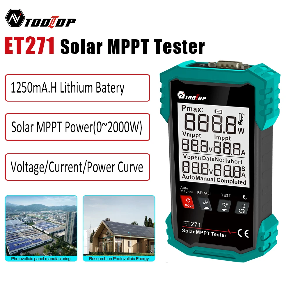 TOOLTOP ET271 Tragbarer 2000W Solar-MPPT-Tester Pmax Voc Isc Messgerät mit Überspannungs-, Überstrom- und Verpolungsschutz