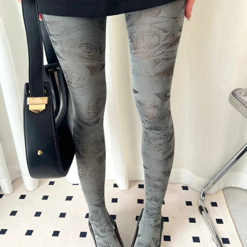 Autumn Retro Floral Print Tights Gray Simple Ins Ink Painting Pattern Women Stockings Outdoor Daily Commute Base Tights