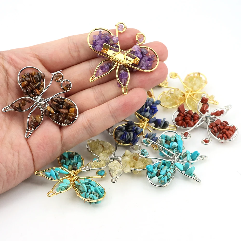 

Natural Crystal Freeform Chip Gravel Wire Wrapped Butterfly Brooches for Women Girls Gemstone Badges Jewelry Accessories Gifts