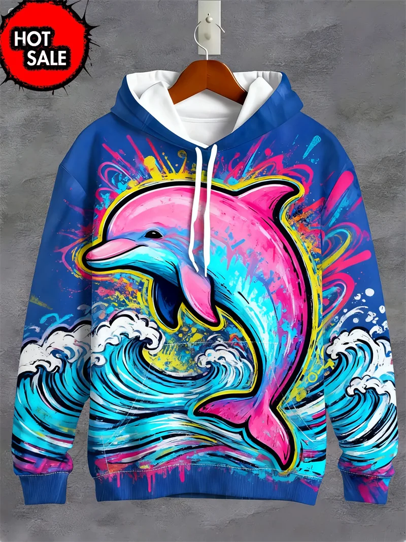 موضة الخريف هوديس للرجل ثلاثية الأبعاد مطبوعة الحيوان دولفين هوديي بلوزات فضفاضة المناسب البلوز بلوزات غير رسمية