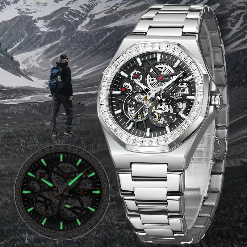 2026 LIGE جديد ساعة رجالية موضة الهيكل العظمي مقاوم للماء ساعة مضيئة الرجال الرياضة في الهواء الطلق التلقائي ساعات المعصم الميكانيكية للرجال