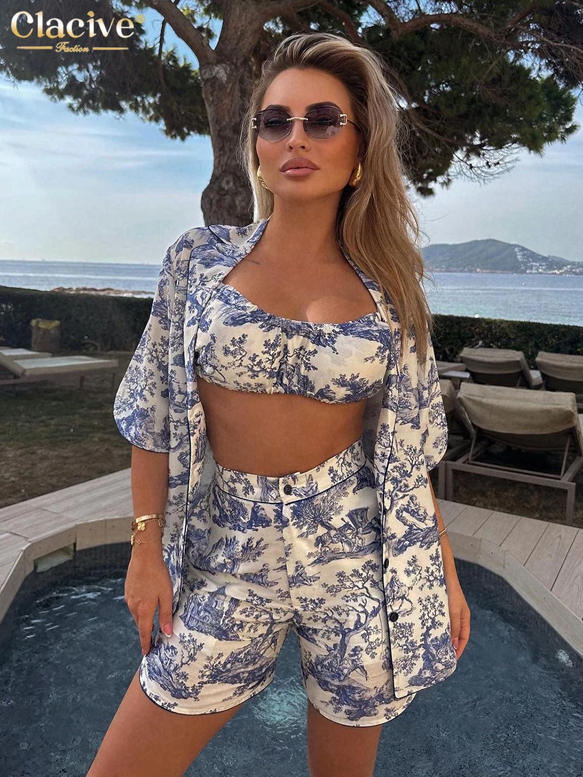 Clacive Sexy Loose Print 3 Piece Sets Women Outfit Vintage Short Sleeve Shirt + Bra With High Waist Shorts Set Female Streetwear