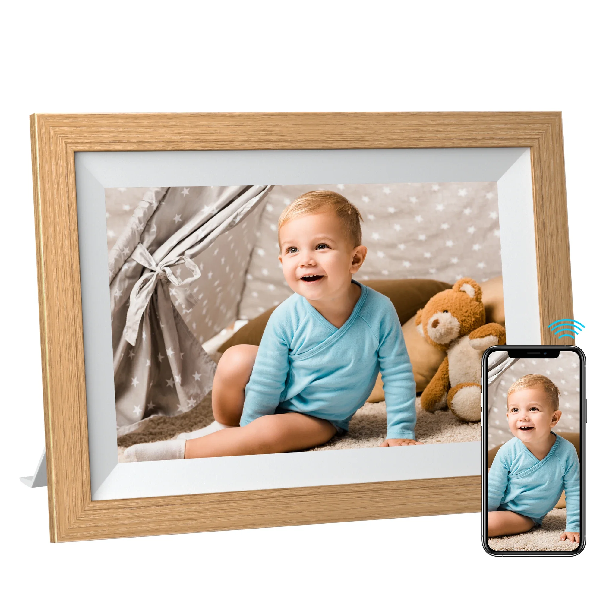 2026 ODM/OEM Wholesale WiFi Digital Photo Frame 1280x800 IPS Touch Screen MDF Plastic Home Decor Clock Type-C Port System Memory
