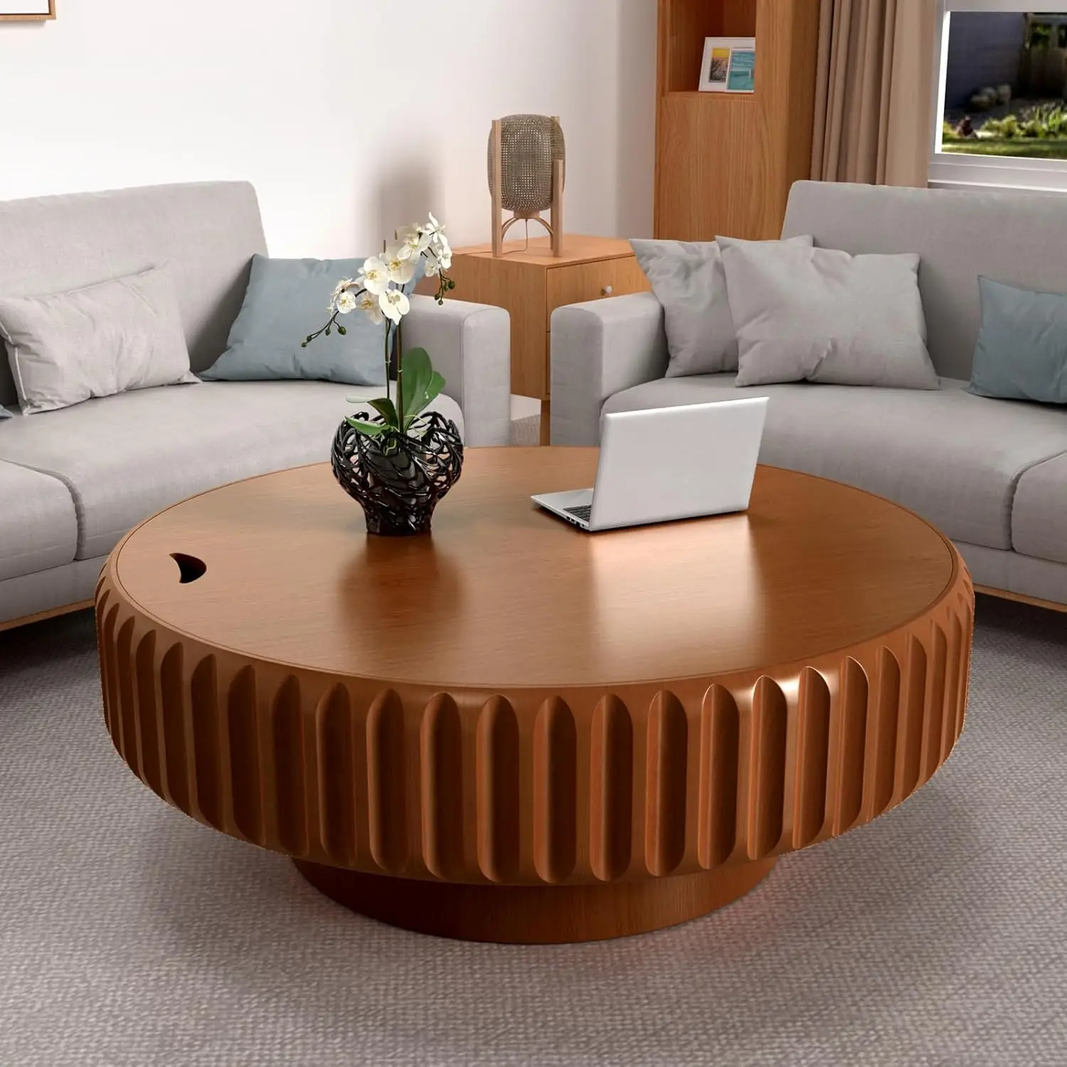 

Round Coffee Table with Storage for Living Room, Handcraft Fluted Drum Coffee Table Modern Circle Wooden Coffee, Customized