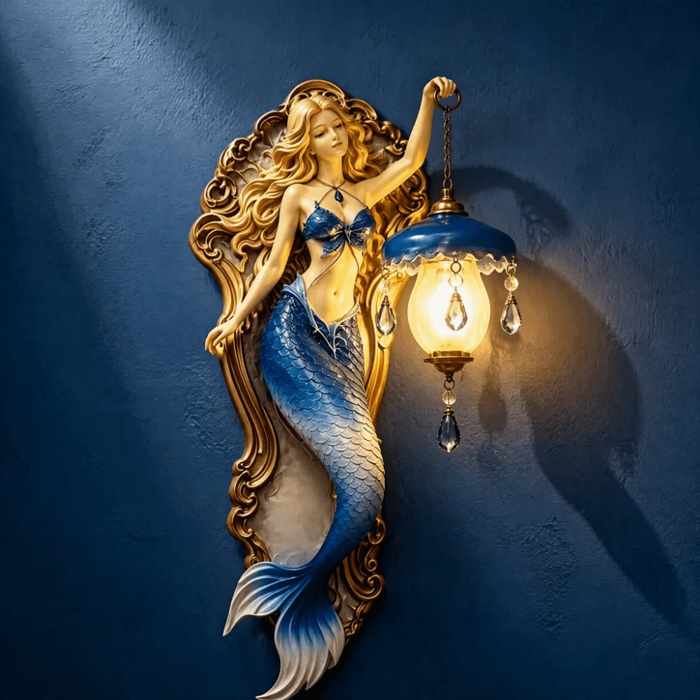 Resin Material Mermaid Wall Lamp Soft Ambient Light Crystal Pendant Resin Wall Lamp Mermaid Design Ocean Style